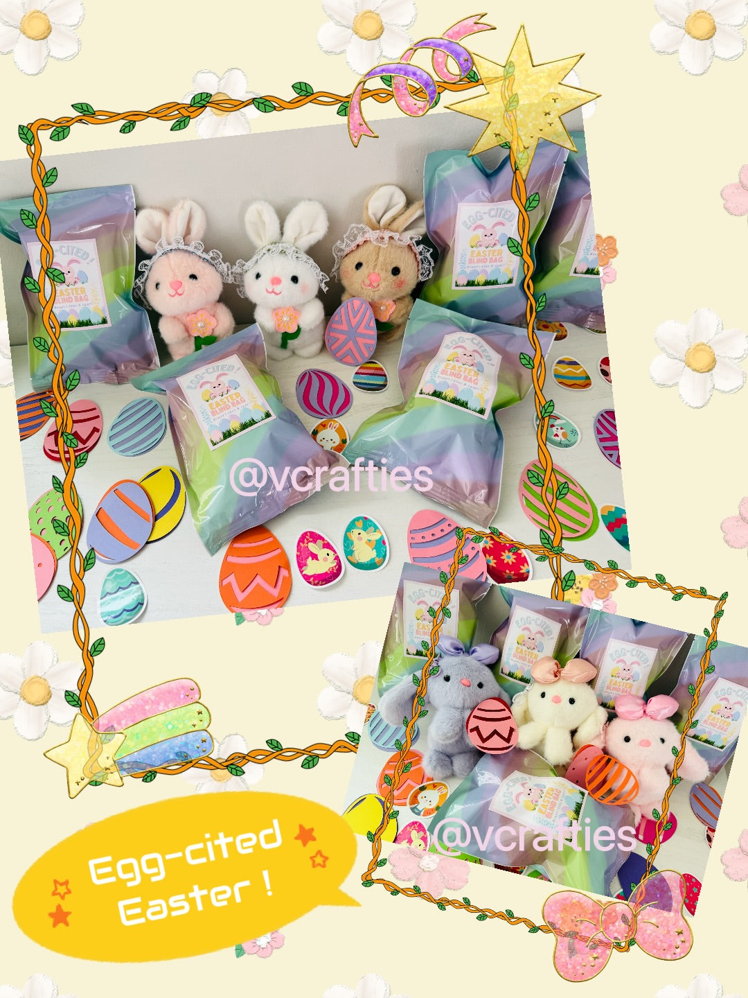 VCrafties Easter Egg-cited blindbags (each blind bag comes with a bunny keychain , 4 handmade egg crafts and 3 stickers)