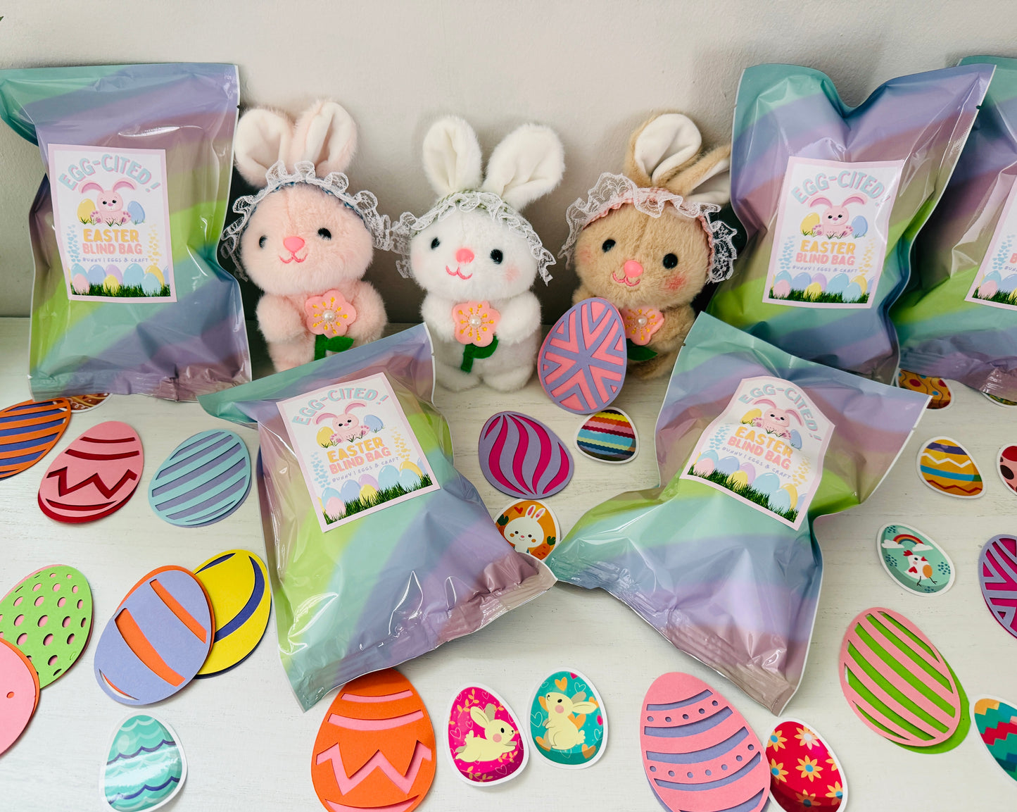 VCrafties Easter Egg-cited blindbags (each blind bag comes with a bunny keychain , 4 handmade egg crafts and 3 stickers)