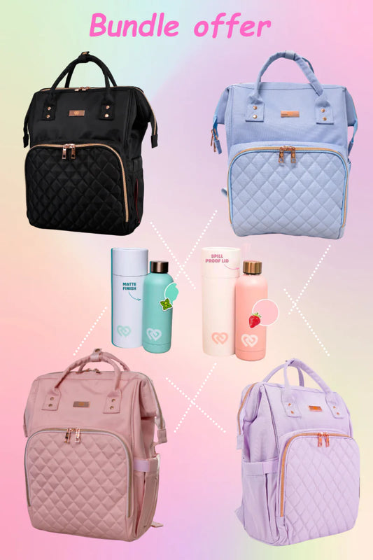Carry and Quiche Bundle : Pick a Pro Bag (Lilac | Baby Pink | Baby Blue| Black) + A Water bottle (Strawberry| Mint)